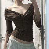 Daiiibabyyy  Beaded Design Low Cut V-neck Pleated One Shoulder Split Half Sleeved Top Sexy Temperament Spicy Girl T-shirt