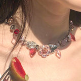 Daiiibabyyy  Y2K Jewelry Pink Crystal Flower Necklace for Women Cool Korean Fashion Cool Accessories Punk 90s Aesthetic Necklaces Cute