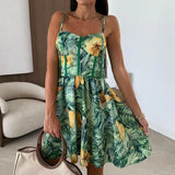 Daiiibabyyy  Fashion Print Sleeveless Suspenders Dress Women Elegant Off Shoulder Pleated Slim Mini Dress Casual Backless Sweet Party Dress