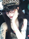 DAIIIBABYYY  -  American Niche Leopard Print Newsboy Hats Women Personality Belt Buckle Design Street Trend Versatile Retro Flat Top Berets Y2k