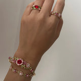Daiiibabyyy  Elegant Flower Pattern Enamel Open Bracelet for Women Trendy Gold Plated Cloisonne Flowers Bangle Ring Charms Party Jewelry