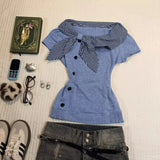 Daiiibabyyy  New Summer Cotton American Vintage Navy Collar Irregular Short Sleeve Millennial Style Y2k Top T-shirt For Women