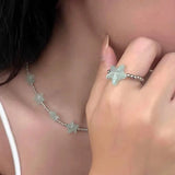 Daiiibabyyy  Summer Mint Blue Starfish Beaded Necklace Bracelet Ring Seaside Vacation Jewelry Set For Women And Girls Boho style