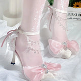 Daiiibabyyy  Mid Heel Shoes Woman Pink Green White Heels Pointed Toe Bridal Heels Lolita Heels Y2K Accessories Bow Pearl Stiletto Women