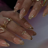 Daiiibabyyy  24Pcs Mid-length Almond False Nails with 3D Irregular Gilding Full Cover Nails Tips Cat's Eye Pearl Wearable Press on Fake Nails