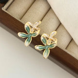 Daiiibabyyy  Tibetan Silver Gold Plated Enamel Flower Plant Stud Earring for Women Cute Fashion Jewelry Light Luxury Accessories