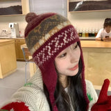 DAIIIBABYYY  -  Niche Retro Jacquard Wool Blended Knitted Beanies for Women Autumn and Winter Travel Warm Fashion Versatile Ear Protection Hat