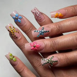 Daiiibabyyy  24PCS Simple Star French Press on False Nails with Glue Retro Leopard Print Patterns Medium Square Wearable Fake Nails for Women