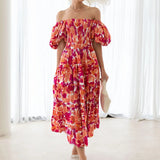 Daiiibabyyy  Casual Women Sweet Spring Puff Short Sleeve Party Dress 2025 Female Big Hem Dress Elegant One Shoulder Floral Print Long Dress