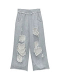 Daiiibabyyy  Vintage Gray Distressed Joggers Women Baggy Hip Hop Style Grunge Wide Leg Sweatpants Oversized Street Fashion Trousers