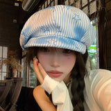 Daiiibabyyy  Dopamine Fashion Gradual Change Sweet Star Stripe Print Berets Y2K Spring Autumn Travel Versatile Elegant Painter Hats Woman