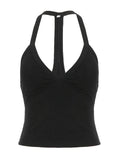 Daiiibabyyy  Y2k Streetwear Halter Backless V Neck Sleeveless Solid Slim All Match Knitted Tanks
