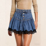 Daiiibabyyy  Midi Skirt Solid Blue Pleated Denim Skirt High Waist Button Front Jeans Skirt Drawstring Waist Tiered Lace Trim Elegant A Line