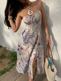 Daiiibabyyy  Women's Floral Print Slit Strap Midi Dress Summer Casual Beach Holiday Resort