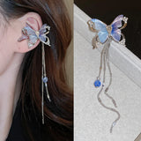 Daiiibabyyy  Beautiful Blue 3D Butterfly Tassels Clip Earrings for Women Pretty Bilayer Butterfly Ear Clip Animal Wings Romantic Fine Jewelry