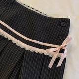 DAIIIBABYYY  -  Vintage Summer Women's Lolita New Spliced Button Zipper Stripe Lace Bow Fashion Slim Folds Elegant Casual Pleated Skirt