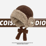 Daiiibabyyy  Korean Niche Lambs Wool Knitted Pullover Hat Thickened Warm Ear Protection Lace-up Winter Outdoor Riding Bomber Hats for Women's