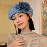 Daiiibabyyy Denim Flower Elegant Summer Spring Berets Ladies Women Girls Fashion Trendy Outdoor Street Cap