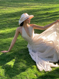 DAIIIBABYYY  -  White Sleeveless V-Neck Hanging Neck Dress For Women'S Summer, New Gentle Style, Slim And Elegant Long Skirt