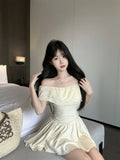 Daiiibabyyy  Ruffled One-length Necklace Spliced A-line Dress with Pleated Waist Design Sweet