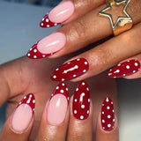 Daiiibabyyy  24Pcs Mid-length Almond Press on Fake Nails Blue French Coffee Flower Polka Dot False Nails Art Rhinestone Full Cover Nails Tips