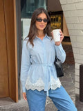 Daiiibabyyy  Elegant Lapel Single Breasted Long Sleeve Blouses Fashion Lace Patchwork Women Shirts Spring New Lady Stripe Tops Street