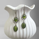 Daiiibabyyy  Retro Victorian Era Hollow-out Lace Green Opal Dangle Earrings for Women Goth Halloween Party Pagan Witchcraft Jewelry Accessory