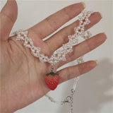 Daiiibabyyy Vintage Aesthetic Cute Strawberry Pendant Handwoven Pearl Flower Choker Necklace Women's Holiday Party Jewelry Y2K Accessories