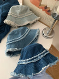 Daiiibabyyy Denim Burr Bucket Hat Women's Spring Summer 2024 New Japanese Solid Color Versatile Face Cover Basin Hat Sunshade Bucket Hat