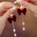 Daiiibabyyy  Red Flocked Bowknot Snowflake Star Heart Long Earrings Christmas Sweet Fashion Jewelry Women New Year Gifts