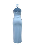DAIIIBABYYY  -  Solid Minimalist Two Piece Sets for Women Halter Sleeveless Short Tops High Waist Spliced Appliques Skirts Chic Set Female