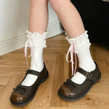 DAIIIBABYYY  -  Sweet Lace Cotton Mid-calf Socks Japanese Lolita Bow Ribbon Lolita Women Short Socks Drawstring JK Cosplay Accessories
