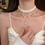 Daiiibabyyy  Fluffy Double-layer Rhinestone Snowflake Tassel Choker Christmas Sweet Sexy Clavicle Chain for Women Party Jewelry