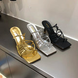 DAIIIBABYYY  -  Summer Narrow Band Women Gold Slipper Fashion Square Toe Slip On Sandal Shoes Thin High Heel Dress Sandal Shoes Slides