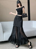 DAIIIBABYYY  -  Black Lace 2025 Summer Sexy Slightly Transparent Mesh Splicing A-line Skirt Versatile Casual Mid Length Hanging Feeling