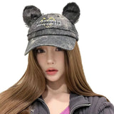 Daiiibabyyy  Parent-Child Denim Baseball Cap Adult Embroidered Letters Fashion Peaked Caps Cute Cat Ear Girls Boy Travel Outdoor Sun Hats