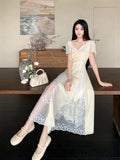 DAIIIBABYYY  -  Lace Patchwork Design V-neck Short Sleeved Dress New French Style Gentle Women's Tie Up Clothing Slim Waist Stylish Long Dresses