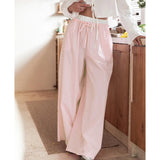 Daiiibabyyy Women y2k Loose Wide Leg Pants Casual Striped Print Elastic Drawstring Trousers with Pockets Aesthetic Long Pants Streetwear