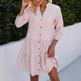 Daiiibabyyy  Summer Woman Dress Pleated Midi Light Blue Dresses Gingham Print Three Quarter Sleeve Casual Dress Ruffle Hem Button Down Dress