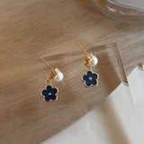 Daiiibabyyy  French Delicate Enamel Blue Small Flower Imitation Pearl Dangle Earrings for Women Elegant Fashion Jewelry Accessories
