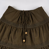 Daiiibabyyy  Vintage Skirt for Woman A-Line Beaded Tie-Waist Chic Brown Lace Design Slim Mid-length Skirt Y2k Boho Clothes New