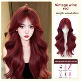 DAIIIBABYYY  -  Women's Full Head Wig Long Curling Raspberry Red Big Wave Lolita Natural Daily Simulation Hair Whole Top Wig Cover