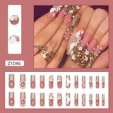 Daiiibabyyy  24pcs Detachable Long Water Pipe False Nails French Sparkling Rhinestone Nail Tips Full Cover Green Daisies Press on Nails DIY