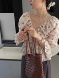 DAIIIBABYYY  -  Sweet Just V-neck Drawstring Floral Lace Shirt Women Gentle Lazy Wind Long Sleeve Top