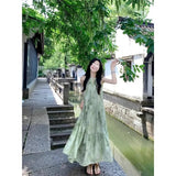 Daiiibabyyy  New Chinese Style Women's Sleeveless Halter Dress Summer Suspender Floral Long Skirt