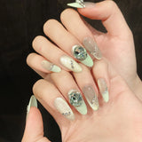 Daiiibabyyy  10pcs Summer Little Fresh Handmade Press On Nails Mint Green Cat's Eye Glossy Diamond Decor Fake Nails Simple French False Nail
