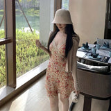 Daiiibabyyy  Fashionable V-Neck Lace Spliced Mini Dress Summer New Flying Sleeve Women's Clothing Vintage Broken Flowers French Style Dresses