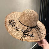 Daiiibabyyy  Straw Hat Women's Embroidered Letters Oversized Brim Straw Hat Female Summer Outdoor Show Face Small Beach Sunscreen Sun Hat