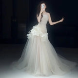 Daiiibabyyy  Bridal Tulle Mermaid Wedding Dress Sweetheart Sleeveless with Pleat and Ruffles Sexy Open Back Sweep Train Sheath Gowns Robe