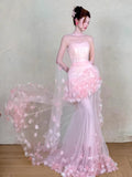 Daiiibabyyy  Pink Long Wedding Dresses Women Tulle Flowers Strapless Pleat Mermaid Formal Prom Party Dance Bridal Evening Dresses